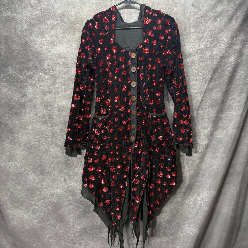 Black Velvet Red Sequin Hooded Lace Up Jacket Asymmetric Vamp Witchy Piratecore